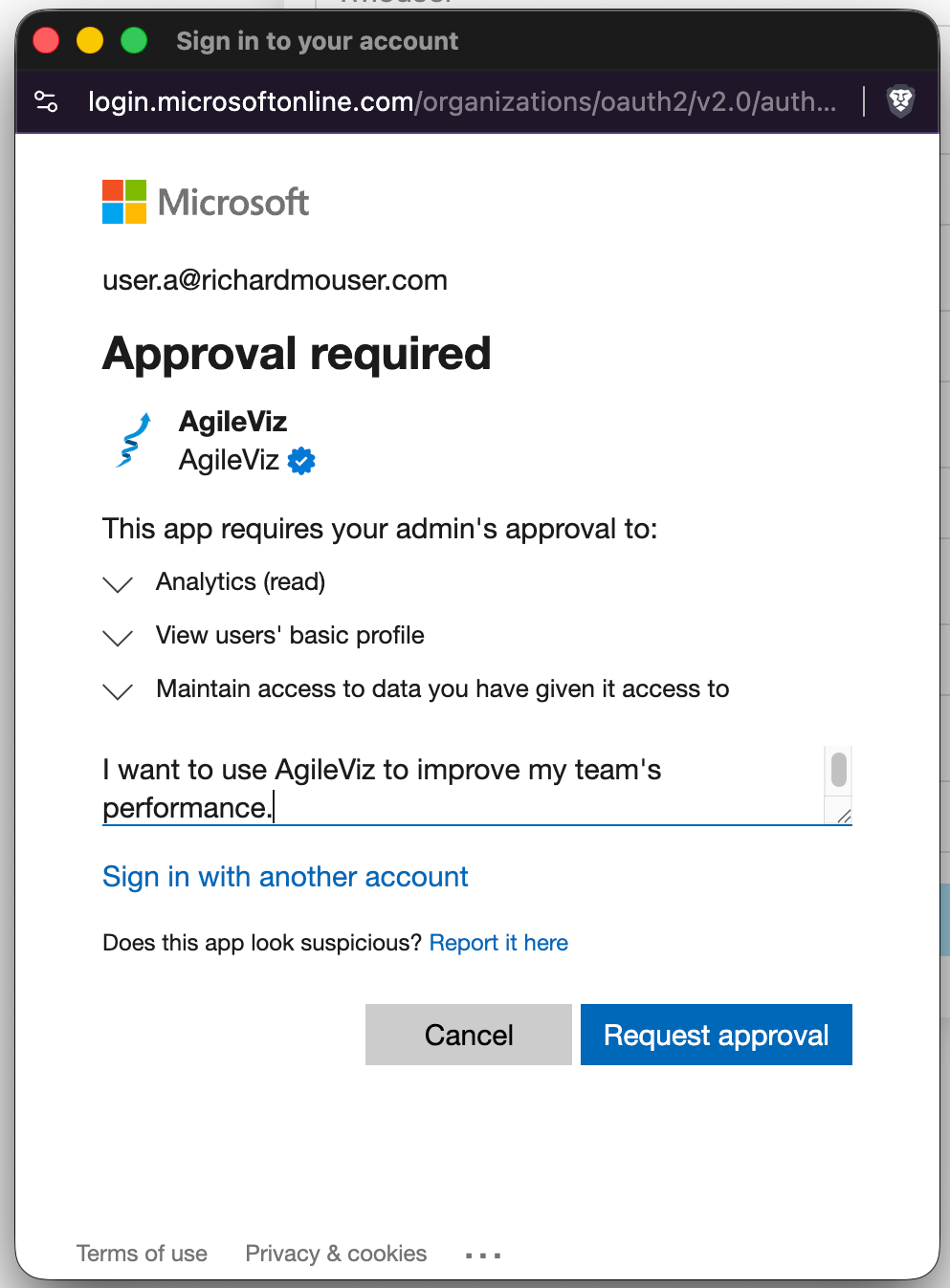 Microsoft Approval required dialog requesting Azure DevOps Analytics access