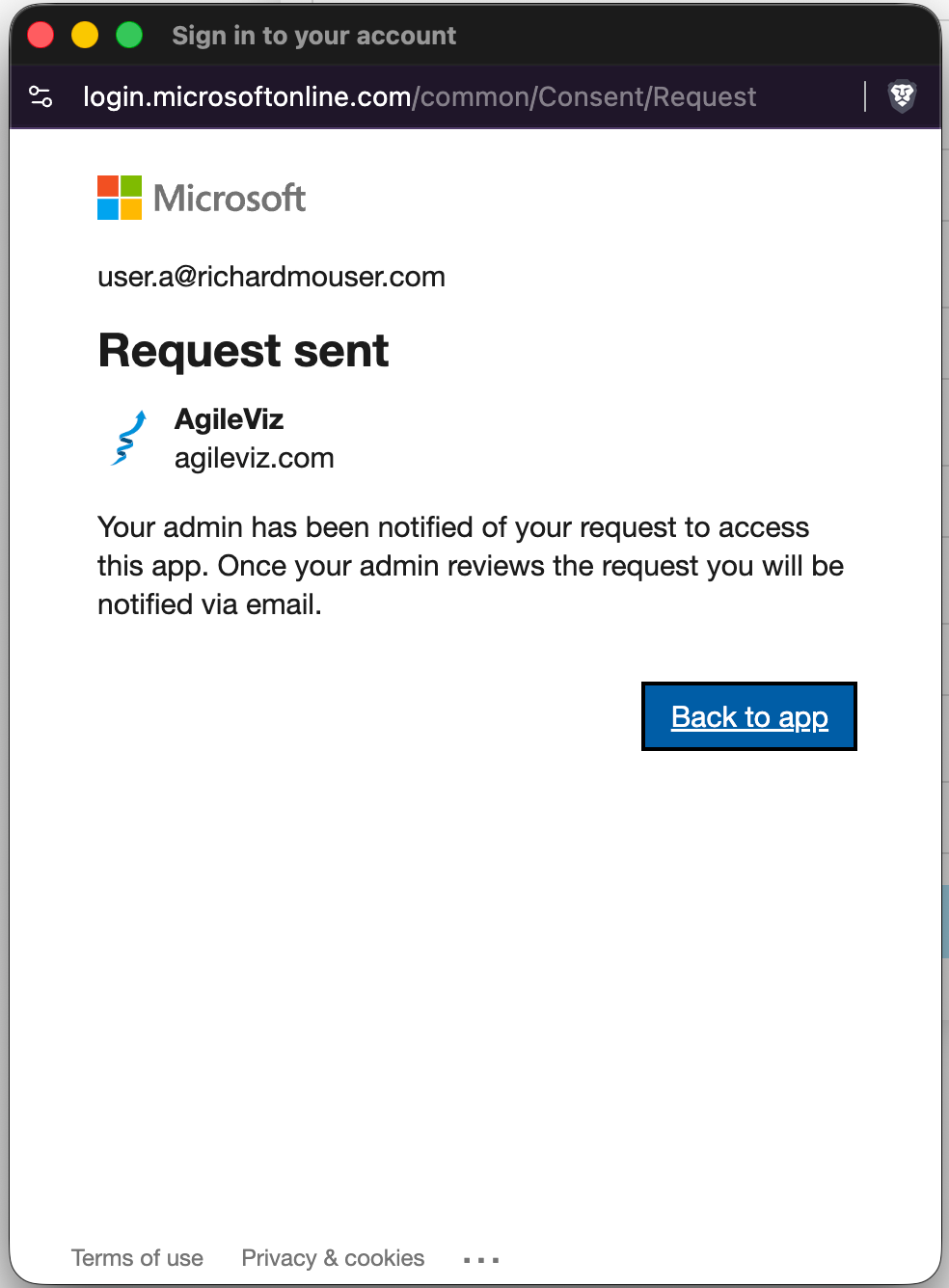 Microsoft Request sent confirmation page