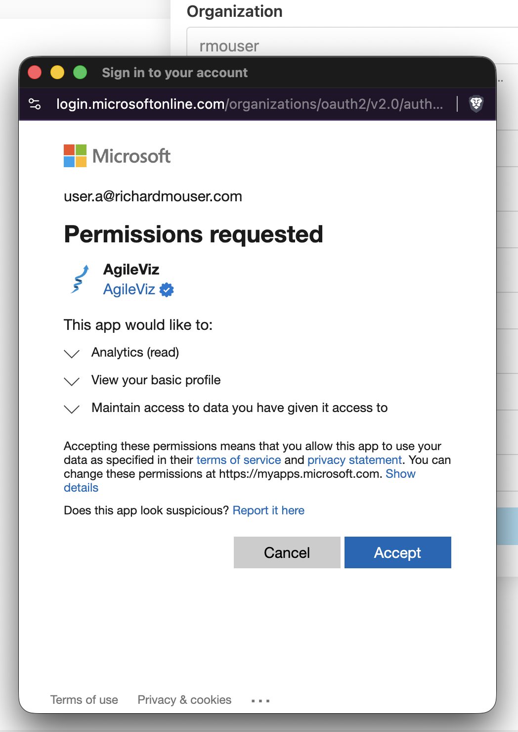 Microsoft permissions requested dialog showing Analytics read permission for AgileViz