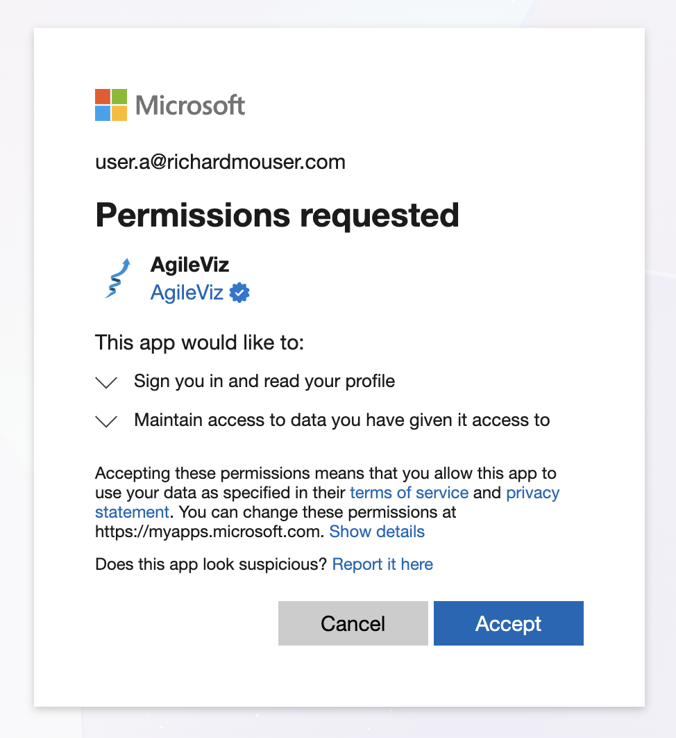 Microsoft permissions requested dialog showing sign in and read profile permissions for AgileViz