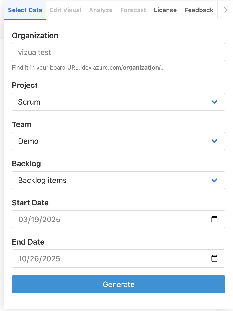 AgileViz Select Data tab showing Organization, Project, Team, Backlog, Start Date, End Date fields and Generate button