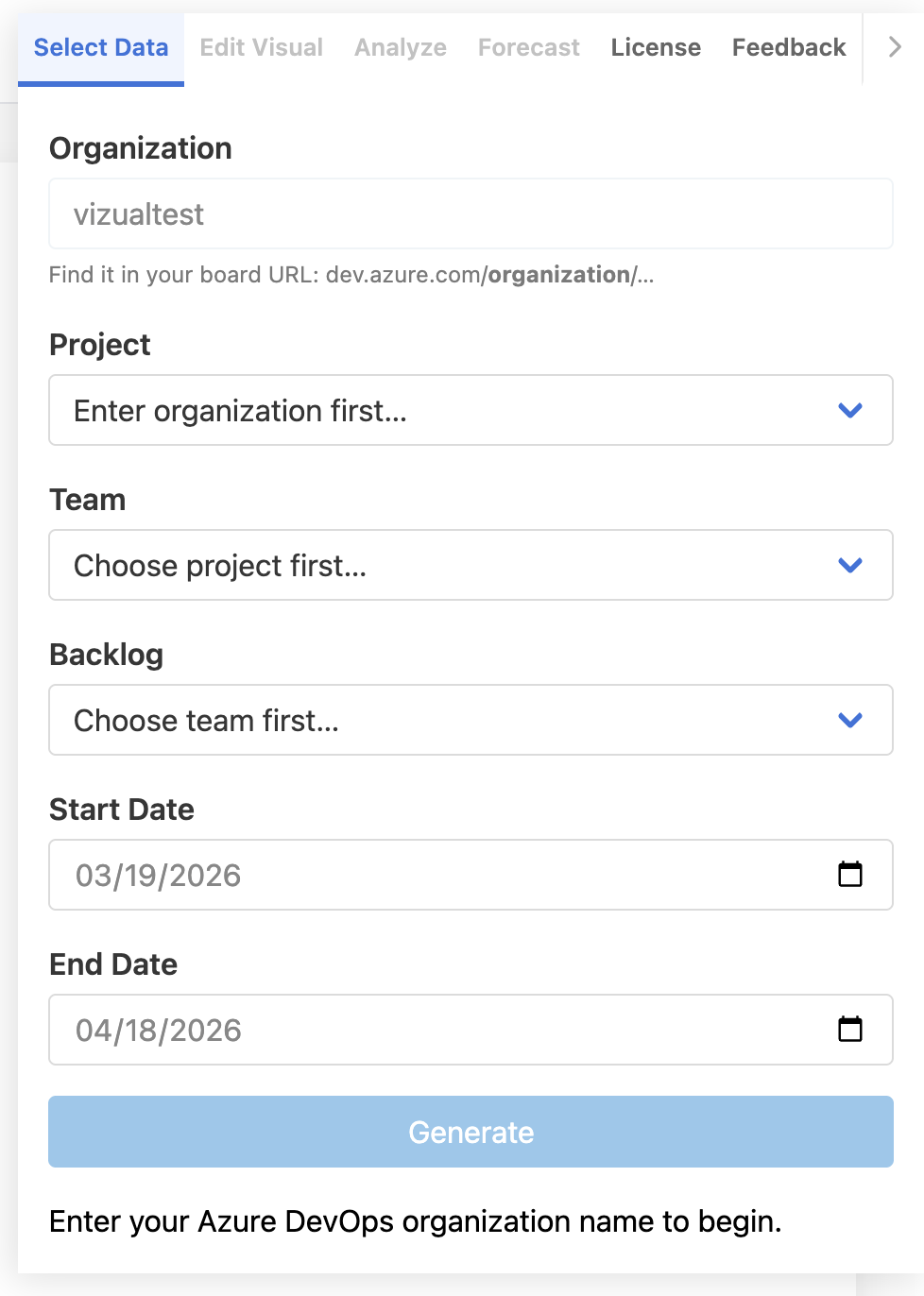 AgileViz Select Data tab showing Organization, Project, Team, Backlog, Start Date, End Date fields and Generate button