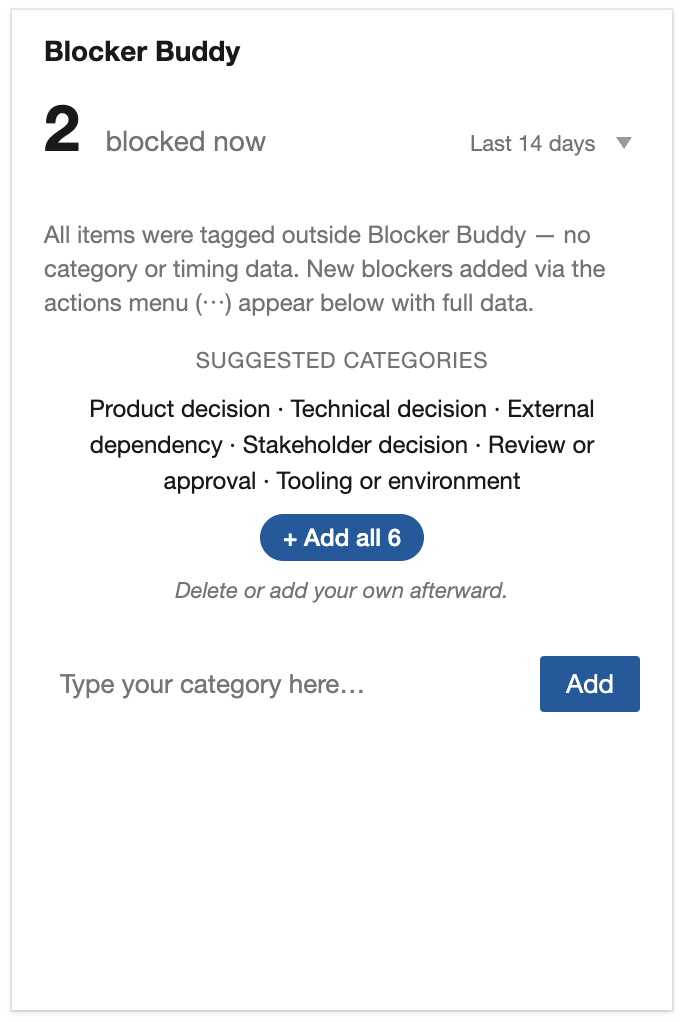 Blocker Buddy widget on first install: hero shows 2 currently blocked items under 'Not timed or categorized', with a day-zero explanation and a starter-categories prompt below