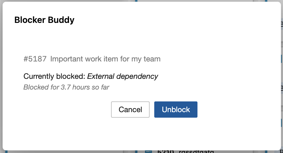 Blocker Buddy unblock dialog showing 'Currently blocked: External depencency' and an Unblock button